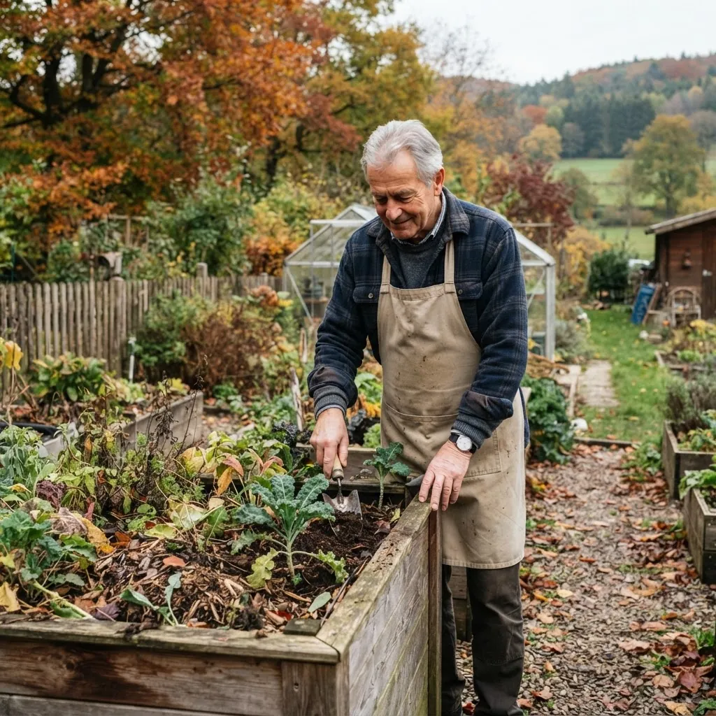 Mann arbeitet aufrecht am Hochbeet im Garten (Symbolbild)